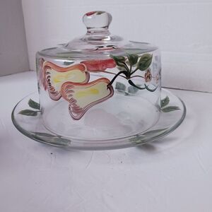 VINTAGE Cheese/Fruit Floral & Fruit Hand Painted Glass Cheese Plate Dome Lid